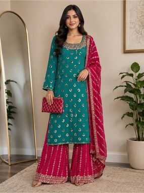India Boutique Teal & Fuchsia Embellished Anarkali Set